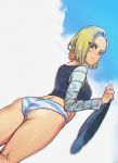 1girl android_18 ass blonde_hair blurry chromatic_aberration dragon_ball dragonball_z from_behind harabacho_(gkfkqkch1) no_pants panties striped striped_panties thighs underwear 