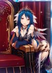  1girl akkijin blue_hair card jewelry looking_at_viewer necklace orange_eyes shinkai_no_valkyrie solo throne tiara 