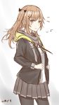  1girl brown_eyes brown_hair character_name cowboy_shot girls_frontline hair_ornament hairclip highres hood hoodie jacket long_hair mango_(mgo) musical_note pantyhose pleated_skirt scar scar_across_eye sketch skirt smile solo twintails ump9_(girls_frontline) 