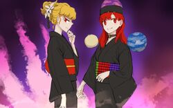  2girls alternate_costume alternate_hairstyle blonde_hair flower hair_bun hair_flower hair_ornament hecatia_lapislazuli japanese_clothes junko_(touhou) kimono looking_at_viewer meitei moon_(ornament) multiple_girls polos_crown red_eyes redhead touhou 