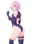  1girl ass bangs bare_legs bare_shoulders black_gloves black_legwear black_leotard blush breasts clenched_hand closed_mouth elbow_gloves eyebrows_visible_through_hair fate/grand_order fate_(series) female gloves hair_over_one_eye hands_up highleg highleg_leotard highres kneehighs large_breasts lavender_hair legband legs leotard looking_at_viewer looking_back multicolored multicolored_gloves multicolored_leotard purple_gloves purple_leotard revealing_clothes sano_jinya shielder_(fate/grand_order) short_hair sideboob simple_background smile solo standing thigh_strap thighs type-moon violet_eyes white_background 