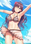  10s 1girl ;3 antenna_hair arm_up armpits bikini blue_eyes breasts brown_hair flower hair_flower hair_ornament ichinose_shiki idolmaster idolmaster_cinderella_girls jewelry long_hair medium_breasts navel necklace ocean skirt smile solo striped striped_bikini swimsuit umihotaru_harumare wading wavy_hair 