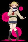  10s 1girl :d bangs berobero_n black_background blonde_hair blunt_bangs blush boku_no_hero_academia cardigan double_bun fangs full_body hair_bun half-closed_eyes knife long_sleeves looking_at_viewer open_mouth paint_splatter scarf school_uniform serafuku simple_background skirt smile solo teeth thigh_strap toga_himiko yandere_trance yellow_eyes 