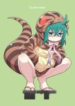 &gt;:&lt; 1girl aqua_eyes aqua_hair character_name closed_mouth geta green_background hands_in_pockets hood hoodie kemono_friends looking_at_viewer shaded_face snake_tail solo squatting tail tail_raised tengu-geta tsuchinoko_(kemono_friends) vincent_(hiyakuen)