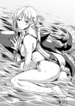  1girl ass bangs between_legs blush braid breasts commentary_request elf erect_nipples eyebrows_visible_through_hair feet flower full_body greyscale hair_flower hair_ornament hand_between_legs highres inflatable_toy kawajuu kneeling large_breasts legs long_hair looking_at_viewer monochrome original parted_lips pointy_ears soaking_feet solo sweat sweatdrop swimsuit water 