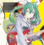  1girl :d floating_hair green_eyes green_hair grey_sweater grin guitar hair_between_eyes hatsune_miku headphones heart highres holding holding_instrument instrument kari_kenji long_hair looking_at_viewer open_mouth smile solo star star_print twintails upper_body vocaloid 