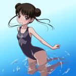  1girl bikini black_eyes blue_bikini double_bun flat_chest gradient gradient_background hair_bun looking_at_viewer original red_eyes rohitsuka school_swimsuit short_hair short_hair_with_long_locks soaking_feet solo swimsuit 