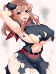  1girl arm_up armpits black_dress blush breast_hold breast_pocket breasts brown_hair curvy dress erect_nipples grey_eyes hair_between_eyes highres kantai_collection large_breasts long_hair looking_at_viewer navel neckerchief open_mouth pocket ponytail r44 red_neckerchief saratoga_(kantai_collection) side_ponytail smile smokestack solo thick_thighs torn_clothes wide_hips 