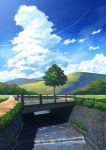  blue_sky bridge clouds commentary_request condensation_trail day grass mountain naohiro no_humans original outdoors path plant river road scenery sky stone_wall summer tree wall water waterfall 