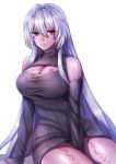  1girl breasts character_request cleavage cleavage_cutout dark_skin detached_sleeves dress hi-na1 large_breasts long_hair looking_at_viewer purple_hair red_eyes ribbed_dress sennen_sensou_aigis shiny shiny_skin sitting smile solo tattoo very_long_hair 