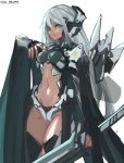 1girl aqua_eyes breasts cancell holding holding_sword holding_weapon long_hair looking_at_viewer mecha_musume navel original silver_hair simple_background smile solo sword weapon white_background 