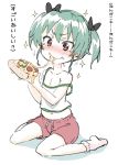  10s 1girl alternate_hairstyle anchovy bangs black_ribbon blush camisole closed_mouth eating food food_on_face girls_und_panzer green_hair hair_ribbon highres holding_pizza miyao_ryuu navel pink_shorts pizza red_eyes ribbon shirt short_hair short_twintails shorts simple_background sitting smile socks solo sparkle strap_slip twintails wariza white_background white_legwear white_shirt younger 