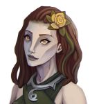  1girl artist_name bare_shoulders brown_hair flower green_hair grey_skin hair_flower hair_ornament hairlocs inara_(paladins) jewelry lailyu leaf long_hair multicolored_hair necklace orange_eyes paladins portrait simple_background solo teeth two-tone_hair white_background 