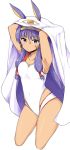  1girl bangs blush breasts closed_mouth competition_swimsuit cropped_legs earrings eyebrows_visible_through_hair fate/grand_order fate_(series) hair_tubes hairband hoop_earrings jewelry lockheart long_hair looking_at_viewer medium_breasts nitocris_(fate/grand_order) one-piece_swimsuit purple_hair sidelocks simple_background solo swimsuit thighs tsurime veil violet_eyes white_background white_swimsuit 