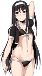  1girl arm_up bangs bikini black_hair blue_eyes blush closed_mouth cropped_jacket eyebrows_visible_through_hair front-tie_bikini front-tie_top hairband jacket long_hair looking_at_viewer open_clothes open_jacket shiseki_hirame side-tie_bikini simple_background solo swimsuit tohno_akiha tsukihime tsurime very_long_hair white_background white_bikini 