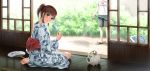  1boy 1girl barefoot brown_hair domestic_na_kanojo fan food green_eyes hose incense indoors japanese_clothes kimono looking_at_viewer official_art paper_fan ponytail popsicle sasuga_kei summer tachibana_hina yukata 