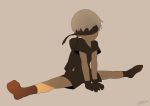  1boy artist_name blindfold gloves male_focus nier nier_(series) nier_automata no_shoes noeyebrow_(mauve) shorts simple_background socks solo split stretch yorha_no._9_type_s 