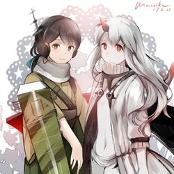  2girls artist_name brown_eyes brown_hair escort_hime flight_deck green_hakama hakama headphones horn japanese_clothes kantai_collection kasuga_maru_(kantai_collection) kleinlight long_hair lowres multiple_girls number red_eyes remodel_(kantai_collection) revealing_clothes revision shinkaisei-kan short_hair signature smile taiyou_(kantai_collection) white_hair 