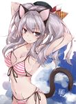  1girl animal_ears arms_behind_head arms_up bangs beret bikini black_eyes breasts cat_ears cat_tail character_name cleavage collarbone eyebrows_visible_through_hair fake_animal_ears front-tie_bikini front-tie_top groin hat kantai_collection kashima_(kantai_collection) long_hair looking_at_viewer medium_breasts navel side-tie_bikini sidelocks smile solo striped striped_bikini swimsuit tail twintails upper_body yumesato_makura 