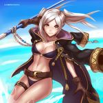  bikini breasts cloak female_my_unit_(fire_emblem:_kakusei) fire_emblem fire_emblem:_kakusei fire_emblem_heroes gloves grin holding hybridmink jewelry large_breasts looking_at_viewer my_unit_(fire_emblem:_kakusei) necklace ocean smile swimsuit twintails water white_hair 