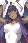  1girl arms_up bangs breasts closed_mouth competition_swimsuit dark_skin eyebrows_visible_through_hair fate/grand_order fate_(series) hair_tubes highleg highleg_swimsuit long_hair medium_breasts nitocris_(fate/grand_order) one-piece_swimsuit purple_hair shiseki_hirame simple_background smile solo swimsuit upper_body veil violet_eyes white_background 