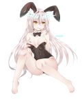  1girl animal_ears arm_behind_back barefoot black_bow black_bowtie black_leotard blanket_(kkbjah) bow bowtie breasts choker cleavage collarbone covered_navel elsword eyebrows_visible_through_hair facial_mark floating_hair full_body hair_between_eyes hand_on_own_breast hand_on_own_chest highres leotard long_hair medium_breasts open_mouth rabbit_ears silver_hair simple_background sitting solo strapless strapless_leotard very_long_hair white_background yellow_eyes 