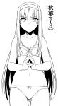  1girl bangs bow bow_panties bra collarbone cowboy_shot eyebrows_visible_through_hair fingers_together greyscale hairband hands_up lineart long_hair monochrome navel own_hands_together panties parted_bangs parted_lips shiseki_hirame sidelocks simple_background solo tohno_akiha tsukihime underwear underwear_only very_long_hair 