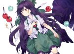  1girl apple apple_slice black_hair black_legwear blouse bow center_frills food fruit green_skirt hair_bow knife long_hair miniskirt misha_(hoongju) red_bow red_eyes reiuji_utsuho short_sleeves skirt solo thigh-highs third_eye touhou very_long_hair white_blouse 