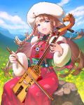  1girl :d bangs bead_necklace beads bird blue_eyes bow_(instrument) braid brown_hair clouds commentary_request day dress earrings eyebrows_visible_through_hair fingernails flower fur-trimmed_sleeves fur_hat fur_trim grass hair_ornament half-closed_eyes hat instrument jewelry jikuu_no_umi_no_historica juuden long_hair long_sleeves looking_at_viewer morin_khuur mountain music nail_polish necklace official_art open_mouth outdoors pink_dress pink_nails playing_instrument rock side_braid sitting sky smile solo tassel traditional_clothes twin_braids 