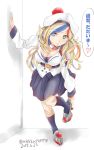  1girl 2017 beret black_legwear black_skirt blonde_hair blue_eyes blue_hair commandant_teste_(kantai_collection) dated double-breasted hat highres kantai_collection leaning_forward long_hair looking_at_viewer multicolored multicolored_clothes multicolored_hair multicolored_scarf plaid plaid_scarf platform_footwear pom_pom_(clothes) redhead scarf skirt solo standing streaked_hair tororo_ten translation_request twitter_username white_hair 