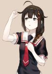 1girl :o ahoge bangs black_hair black_serafuku blue_eyes blush braid breasts commentary_request hair_ornament hair_ribbon hand_in_hair hand_on_own_chest kantai_collection looking_up monochrome_background necktie red_necktie red_ribbon ribbon school_uniform serafuku shigure_(kantai_collection) short_sleeves simple_background small_breasts solo tress_ribbon upper_body wasabi60 