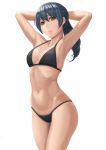  1girl armpits arms_behind_back bikini black_bikini black_hair breasts cleavage collarbone highres long_hair looking_at_viewer navel original ranma_(kamenrideroz) red_eyes simple_background swimsuit white_background 