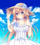  1girl blonde_hair blue_ribbon blue_sky blush breasts choker cleavage clouds collarbone cowboy_shot day dress frilled_choker frills hair_ornament hand_on_headwear hand_on_own_chest hat hat_ribbon impossible_clothes impossible_dress light_particles long_hair looking_at_viewer medium_breasts original outdoors puffy_short_sleeves puffy_sleeves ribbon short_sleeves sky smile solo sorai_shin&#039;ya standing straw_hat white_dress wrist_cuffs 
