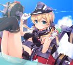  1girl alternate_costume badge bankoku_ayuya blonde_hair button_badge food hat ice_cream iron_cross kantai_collection long_hair machinery peaked_cap prinz_eugen_(kantai_collection) revision smile solo twintails 