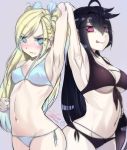  2girls :p arched_back arm_up armpits bikini black_bikini black_hair blonde_hair blue_bikini blue_eyes blush breasts cleavage front-tie_bikini hand_on_waist long_hair multiple_girls navel original pale_skin side-tie_bikini simple_background small_breasts smile swimsuit tears tongue tongue_out torieto violet_eyes 