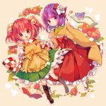  2girls :d ana_(rznuscrf) apron bell book boots brown_boots character_name clothes_writing eyebrows_visible_through_hair flower hair_bobbles hair_flower hair_ornament hieda_no_akyuu highres japanese_clothes kimono long_sleeves motoori_kosuzu multiple_girls open_mouth purple_hair red_eyes red_flower red_skirt redhead scroll short_hair skirt smile touhou twintails violet_eyes white_flower wide_sleeves 