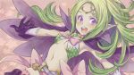  1girl belt blush breasts cape circlet fire_emblem fire_emblem:_kakusei gloves green_hair long_hair looking_at_viewer midriff navel nowi_(fire_emblem) open_mouth outstretched_arms pointy_ears ponytail purple_gloves saikachi_(ogre_tree) small_breasts solo thigh-highs upper_body violet_eyes 