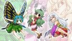  3girls :3 animal_ears antennae aqua_hair arms_up bangs bare_shoulders barefoot black_eyes blue_hair butterfly_wings chamaji closed_mouth cloud_print collared_shirt commentary_request curly_hair detached_sleeves dotted_background dress eternity_larva eyebrows_visible_through_hair eyes from_side full_body geta gradient_hair green_hair green_sclera grin hair_between_eyes hair_ornament hands_up hatchet hidden_star_in_four_seasons highres holding holding_weapon horn kariyushi_shirt komano_aun leaf leaf_hair_ornament leaning_forward long_hair looking_at_viewer looking_back multicolored multicolored_clothes multicolored_dress multicolored_hair multiple_girls open_mouth outstretched_arms paw_pose red_eyes red_shirt sakata_nemuno shirt short_hair short_sleeves shorts silver_hair skirt smile spread_arms squatting touhou very_long_hair weapon wings 