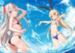  2girls amatsukaze_(kantai_collection) ass bare_arms bikini black_bikini black_ribbon blonde_hair blue_bikini blue_sky breasts brown_eyes day flower hair_flower hair_ornament hair_ribbon halter_top halterneck kantai_collection long_hair looking_at_viewer multiple_girls navel ocean one_eye_closed outdoors outstretched_arms red_flower ribbon shimakaze_(kantai_collection) side-tie_bikini silver_hair sky small_breasts smile splashing string_bikini summer sun swimsuit takanashi_kei_(hitsujikan) wading water white_bikini_top 