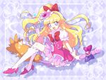  1girl :d argyle argyle_background asahina_mirai blonde_hair blue_background bow brooch broom broom_riding cure_miracle dadadanoda dress earrings gloves hair_bow hairband hat high_heels jewelry kneehighs long_hair looking_at_viewer magical_girl mahou_girls_precure! mini_hat mini_witch_hat open_mouth pink_dress pink_hairband pink_hat pink_shoes ponytail precure red_bow shoes smile solo violet_eyes white_gloves white_legwear witch_hat 