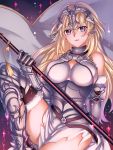  1girl armor blonde_hair breasts cleavage eyebrows_visible_through_hair fate/grand_order fate_(series) flag headpiece highres holding_flag large_breasts long_hair looking_at_viewer parted_lips ruler_(fate/apocrypha) smile solo violet_eyes xuobian_de_dan_youdian_yang 