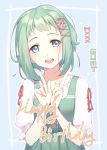  1girl :d blouse blue_background blue_eyes blush bow character_name collarbone commentary dress fan_(20110507) frilled_blouse green_dress green_hair gumi hair_bow hair_ornament happy_birthday head_tilt index_finger_raised looking_at_viewer open_mouth own_hands_together pinafore_dress pink_bow pink_ribbon ribbon short_sleeves smile solo upper_body vocaloid white_blouse x_hair_ornament 