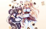  2girls :d ahoge animal_ears apron artist_name bangs bell black_legwear blonde_hair blue_eyes blunt_bangs blush bow bowtie braid breasts brown_eyes brown_hair cat_ears cat_tail character_name character_request chocola_(sayori) cleavage_cutout eyebrows_visible_through_hair hair_ornament hand_on_hip headdress heart heart_hair_ornament highres index_finger_raised jingle_bell large_breasts leaning_forward long_hair looking_at_viewer maid maid_headdress multiple_girls name_tag nekopara official_art open_mouth outstretched_arm puffy_short_sleeves puffy_sleeves sayori short_sleeves side_ponytail slit_pupils small_breasts smile tail thigh-highs twintails very_long_hair waist_apron wallpaper white_legwear wrist_cuffs 