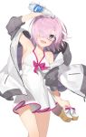  1girl arm_up bare_shoulders black-framed_eyewear blush bottle bow breasts cleavage dress fate/grand_order fate_(series) hair_over_one_eye hayashi_kewi hood hoodie jacket medium_breasts open_clothes open_jacket open_mouth pink_bow purple_hair sandals sandals_removed shielder_(fate/grand_order) simple_background smile solo thighs violet_eyes water_bottle white_background white_dress wind wind_lift 