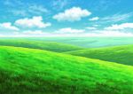  blue_sky clouds cloudy_sky commentary_request day field grass hariken hill horizon meadow nature no_humans outdoors scenery sky 