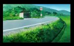  blue_sky border building bus_stop day field forest grass highres hosoi_mikio house lamppost mountain nature no_humans outdoors photoshop plant road road_sign scenery sign sky studio_ghibli windowboxed 