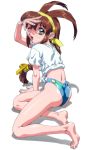  1girl ass barefoot battle_athletes brown_hair feet full_body hairband hand_over_face kanzaki_akari long_hair looking_at_viewer low-tied_long_hair official_art one_eye_closed rolled shiny shiny_skin shirt short_sleeves simple_background soles solo t-shirt toes white_background yellow_eyes 