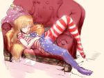  1girl american_flag_dress american_flag_legwear bangs blonde_hair closed_eyes closed_mouth clownpiece couch dress fairy_wings full_body hat highres jester_cap long_hair lying on_back pantyhose pillow polka_dot q.a._kinshachi short_dress sleeping solo star star_print striped touhou very_long_hair wings 