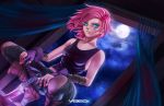  1girl artist_name bandage blood blood_on_face blue_eyes boots clouds dagger fingerless_gloves gloves glowing glowing_eyes maeve_(paladins) moon nail_polish night night_sky paladins pink_hair sky solo vocox weapon window 