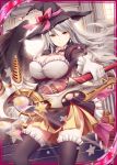  1girl akkijin breasts gloves grey_hair hat looking_at_viewer pink_ribbon red_ribbon ribbed_hat ribbon shinkai_no_valkyrie smile solo staff star thigh-highs weapon white_gloves wings witch witch_hat yellow_eyes 